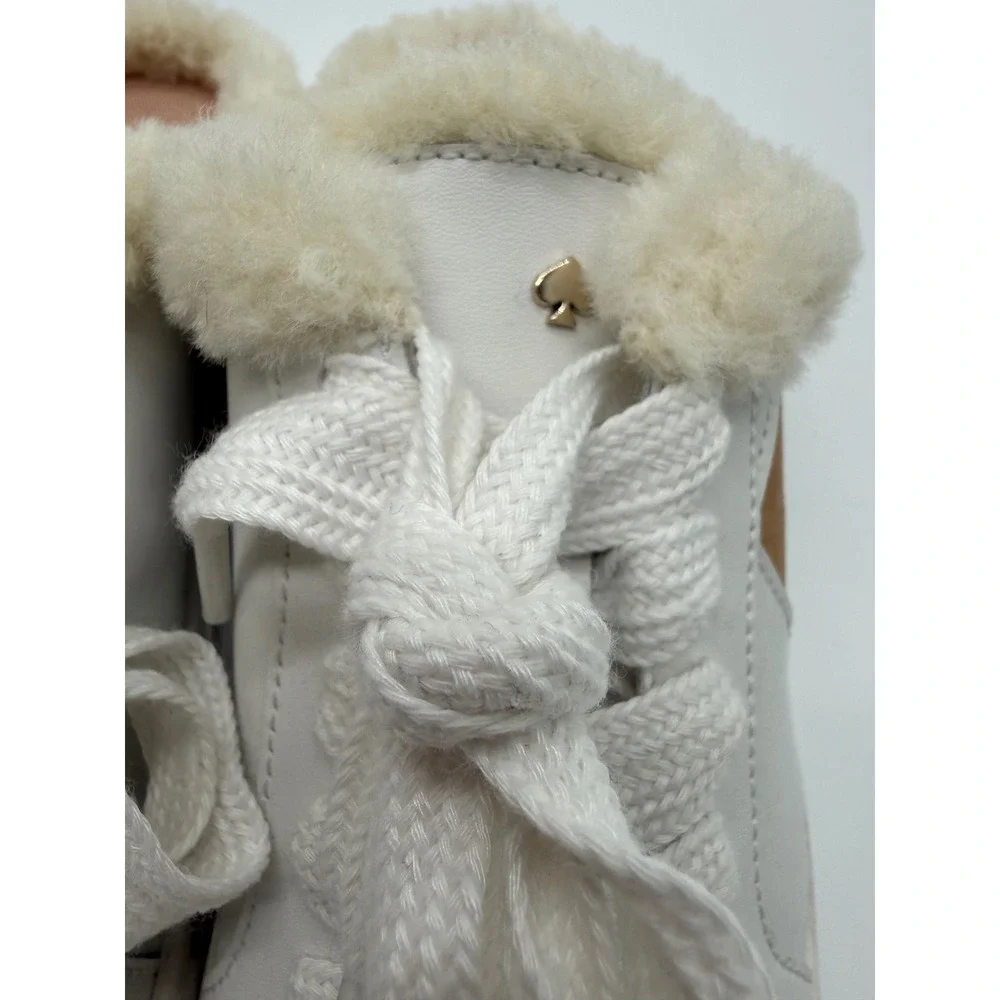 Kate Spade Fez Mule Winter Lace Up Sneaker White Leather‎ Faux Fur Trim 7.5B